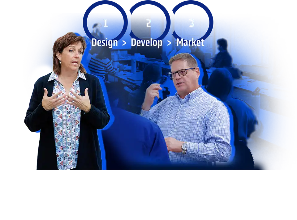 An image showcasing the partnership between Pitt MDI and HealthForge Venture Studio and Bally Design. The image illustrates the process of design, develop, and market. A woman is pictured on the left and a man on the right.